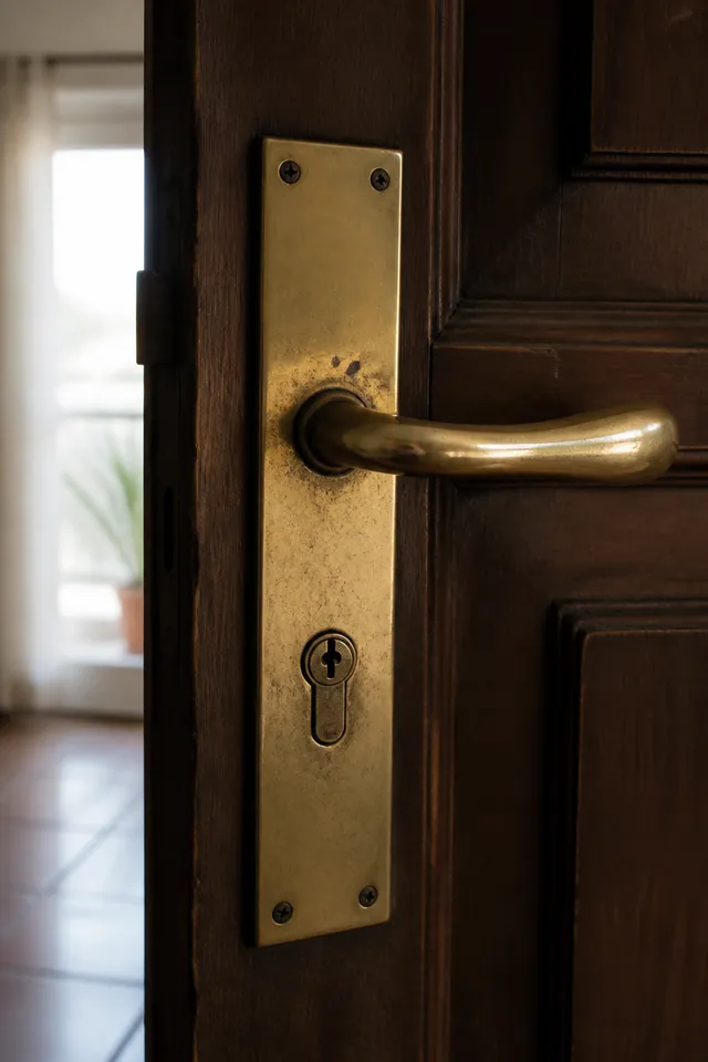 Cerradura de latón en una puerta de madera, detalle del oficio de cerrajero en Valladolid
