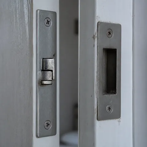 Mecanismo de pestillo y placa en una puerta, trabajo de cerrajería en Valladolid